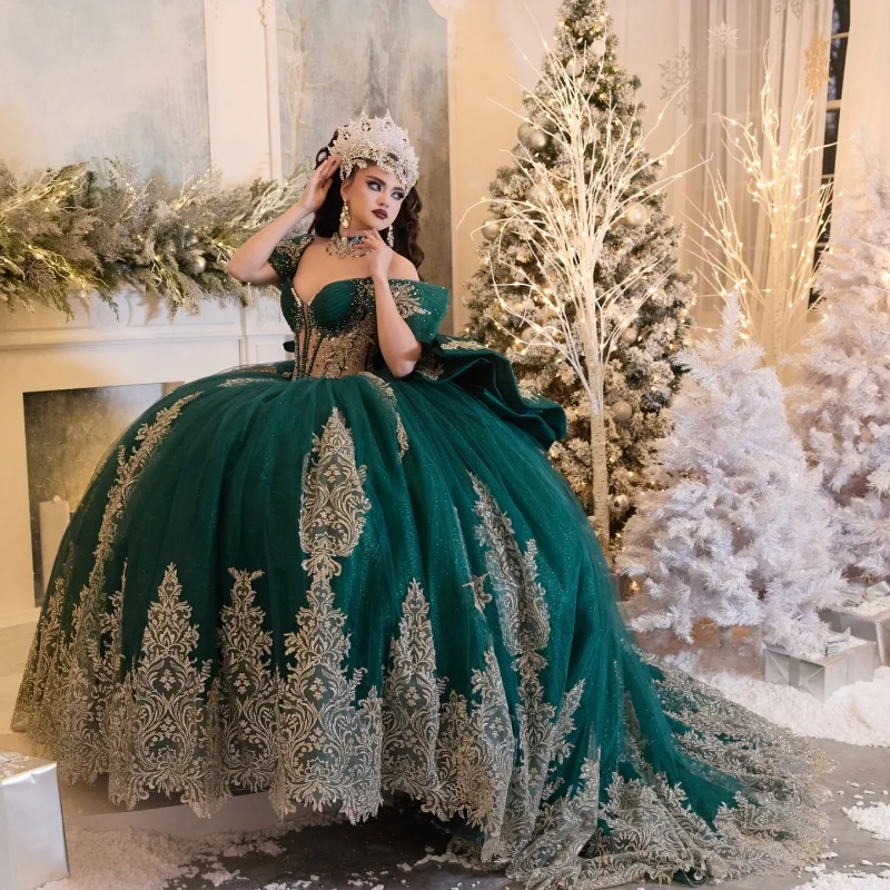 Shiny Dark Green Quinceanera Dresses off-shoulder Sequin Decal Crystal Long tail Big Bow Vestido De 15 Quinceanera Customize
Shiny Dark Green Quinceanera Dresses off-shoulder Sequin Decal Crystal Long tail Big Bow Vestido De 15 Quinceanera Customize