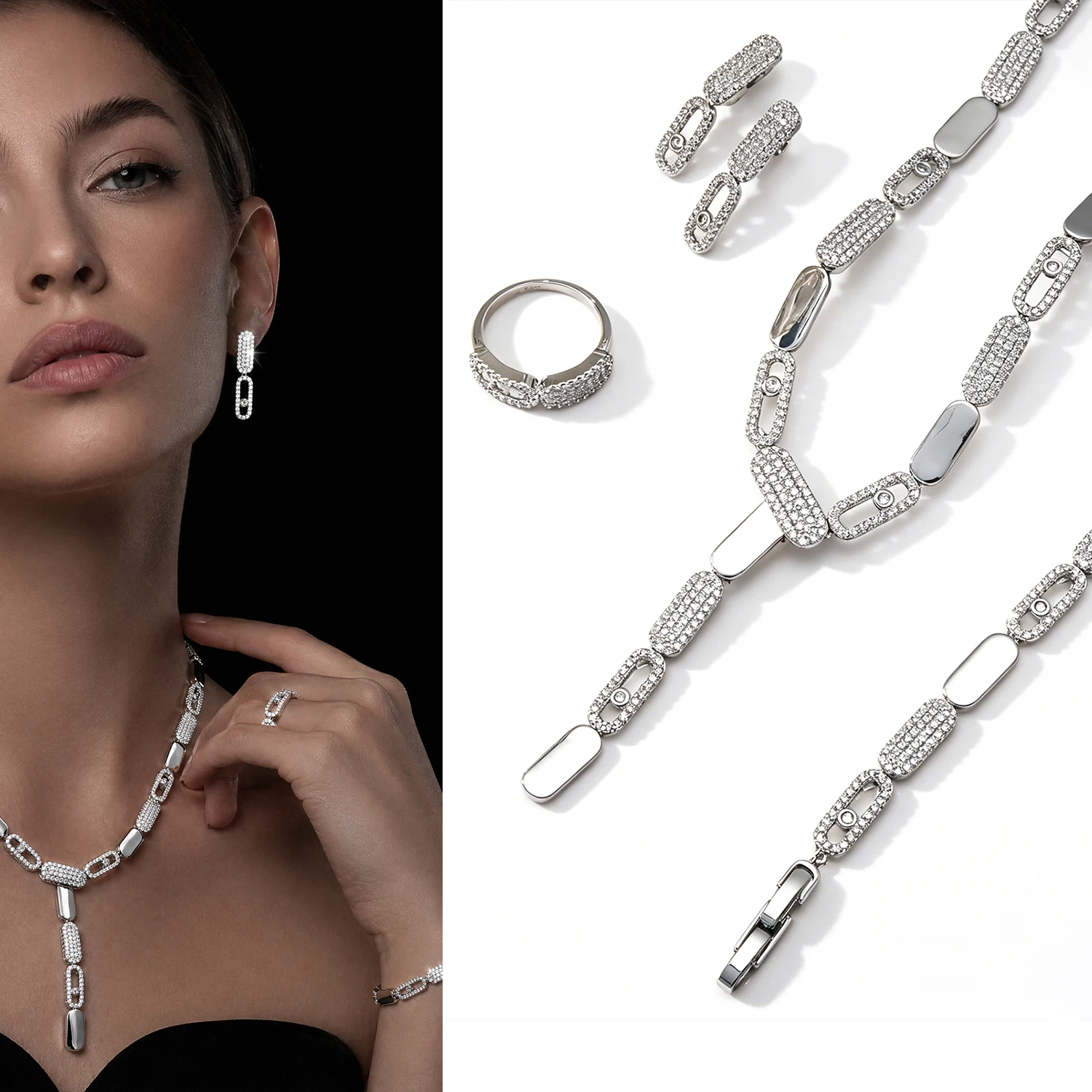 Luxury 4Pcs Silver Plated CZ Cuban Link Jewelry Set - Necklace Bracelet Ring Earrings for Women Party & Daily Wear
Luxury 4Pcs Silver Plated CZ Cuban Link Jewelry Set - Necklace Bracelet Ring Earrings for Women Party & Daily Wear