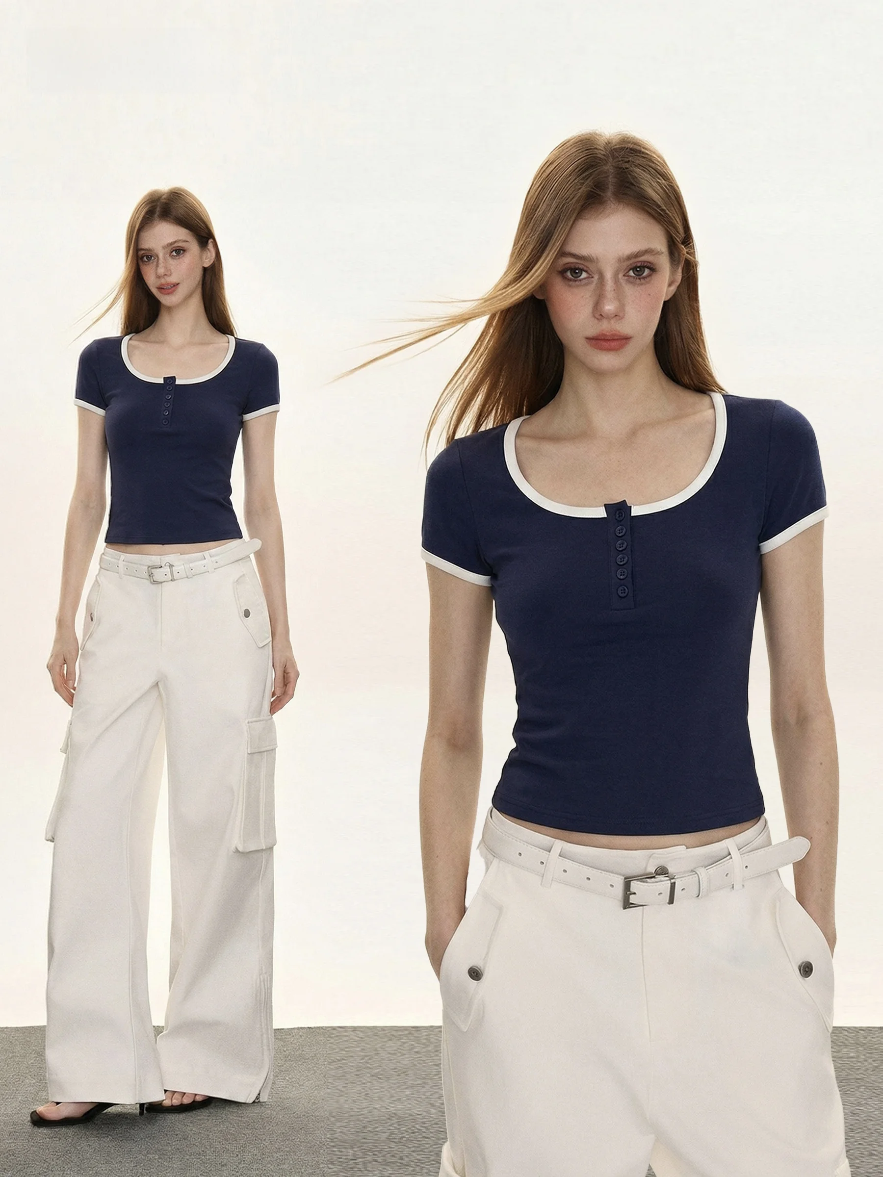 Slim Fit Short Sleeve T-Shirt Women's Summer American Hot Girl Color Block Waist Cinched Henry Collar Top Casual Style
Slim Fit Short Sleeve T-Shirt Women's Summer American Hot Girl Color Block Waist Cinched Henry Collar Top Casual Style