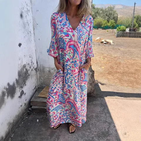 2025 Summer Women Geometric Patterns Print Long Dress Vacation V-neck Long Sleeve Loose Pleated Midi Dress Female Robes Vestidos
2025 Summer Women Geometric Patterns Print Long Dress Vacation V-neck Long Sleeve Loose Pleated Midi Dress Female Robes Vestidos