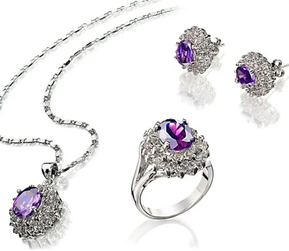 Set of luxurious purple faceted zircon Metal Silver Plated Jewelry Set Necklace Earring Ring romantic
Set of luxurious purple faceted zircon Metal Silver Plated Jewelry Set Necklace Earring Ring romantic