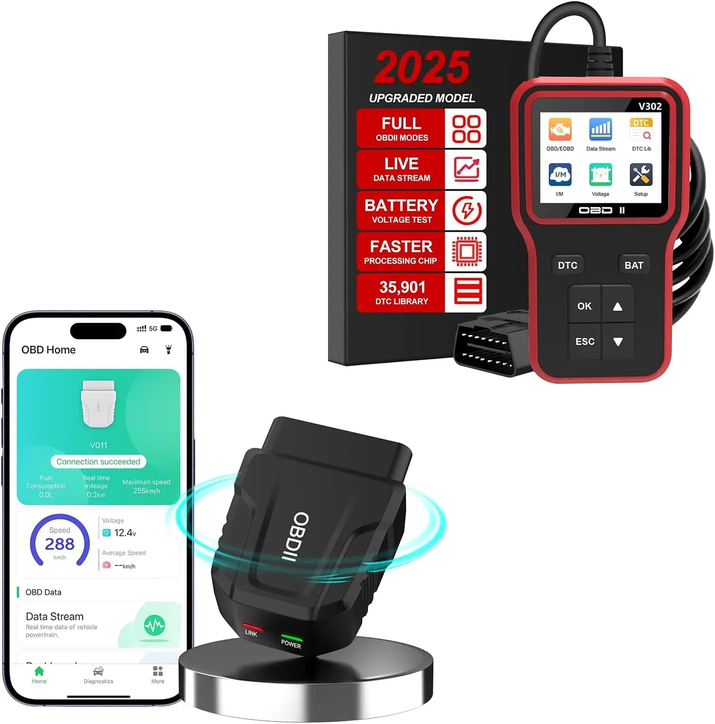 OBD2 Scanner Bluetooth for iPhone, Android, Windows – Check Engine Light, Read/Clear Codes, Emissions, Battery Test – All OBD II