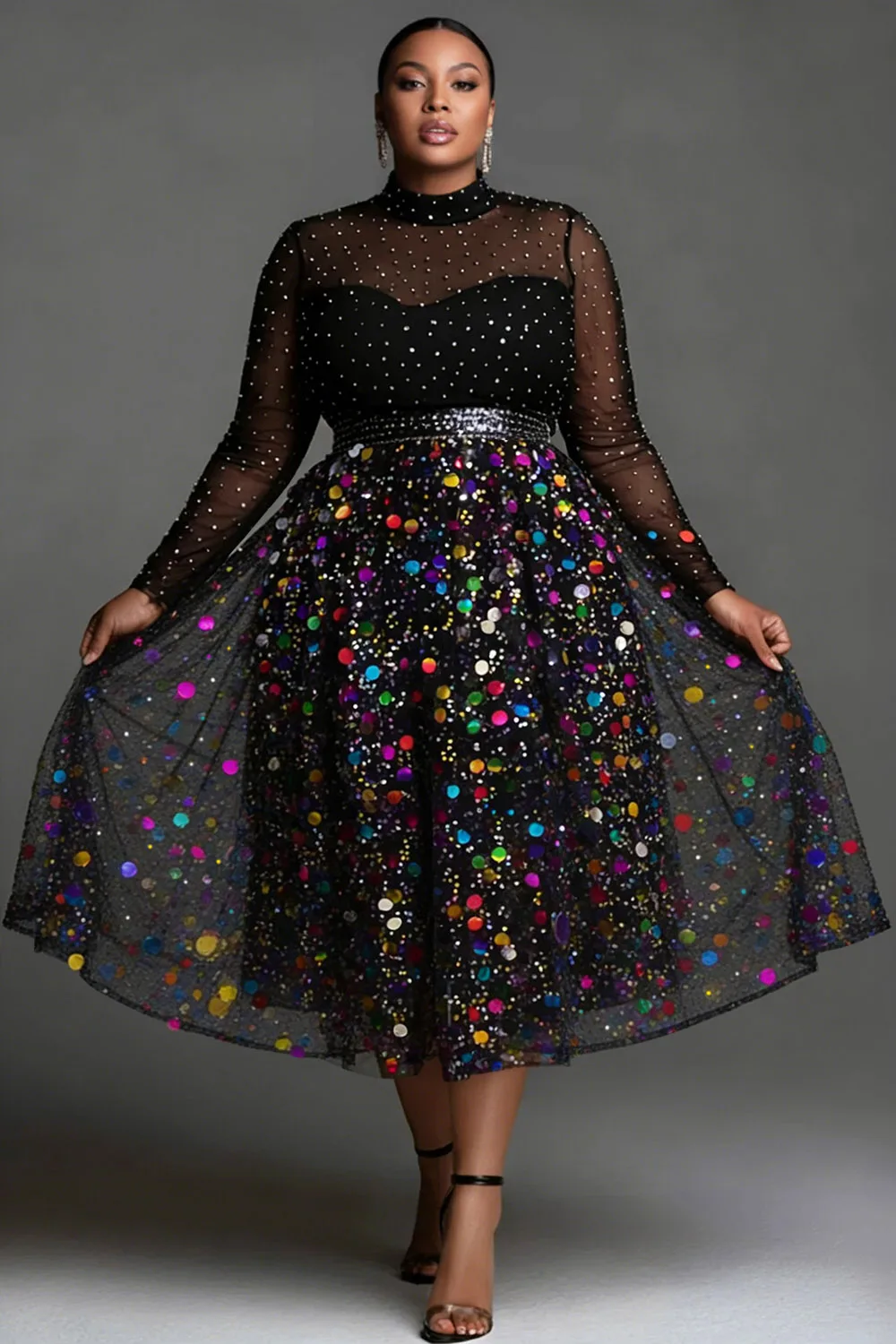 Plus Size Party Tulle Multicolor Mock Neck Long Sleeve See Through Elegant Sequin Midi Dresses
Plus Size Party Tulle Multicolor Mock Neck Long Sleeve See Through Elegant Sequin Midi Dresses