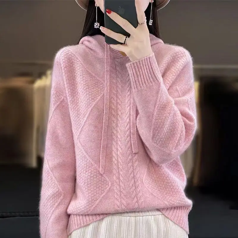 Hooded Knitted Sweater Casual Pullover Pure Color Women Loose Long Sleeve Diamond Pattern
Hooded Knitted Sweater Casual Pullover Pure Color Women Loose Long Sleeve Diamond Pattern