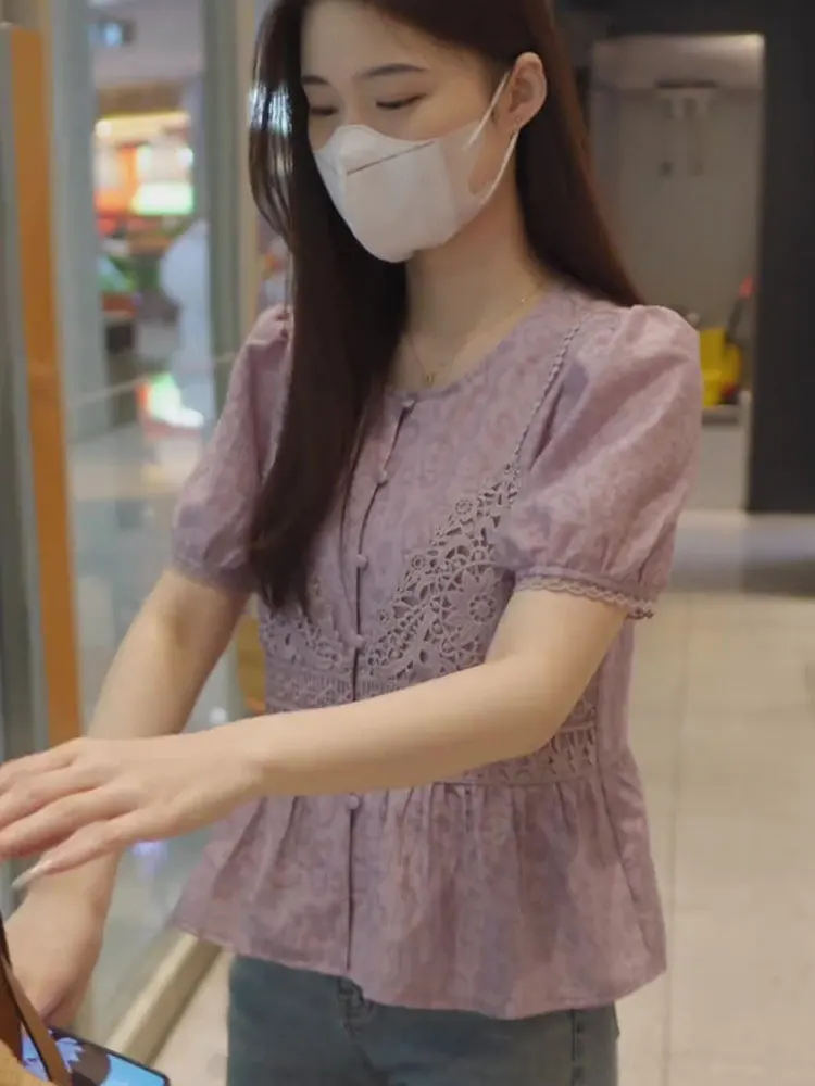 Unique Design Purple Lace Patchwork Women's Shirt Bubble Sleeve Top Korean Style Commute Fashion Age Reduction Short Sleeve
Unique Design Purple Lace Patchwork Women's Shirt Bubble Sleeve Top Korean Style Commute Fashion Age Reduction Short Sleeve