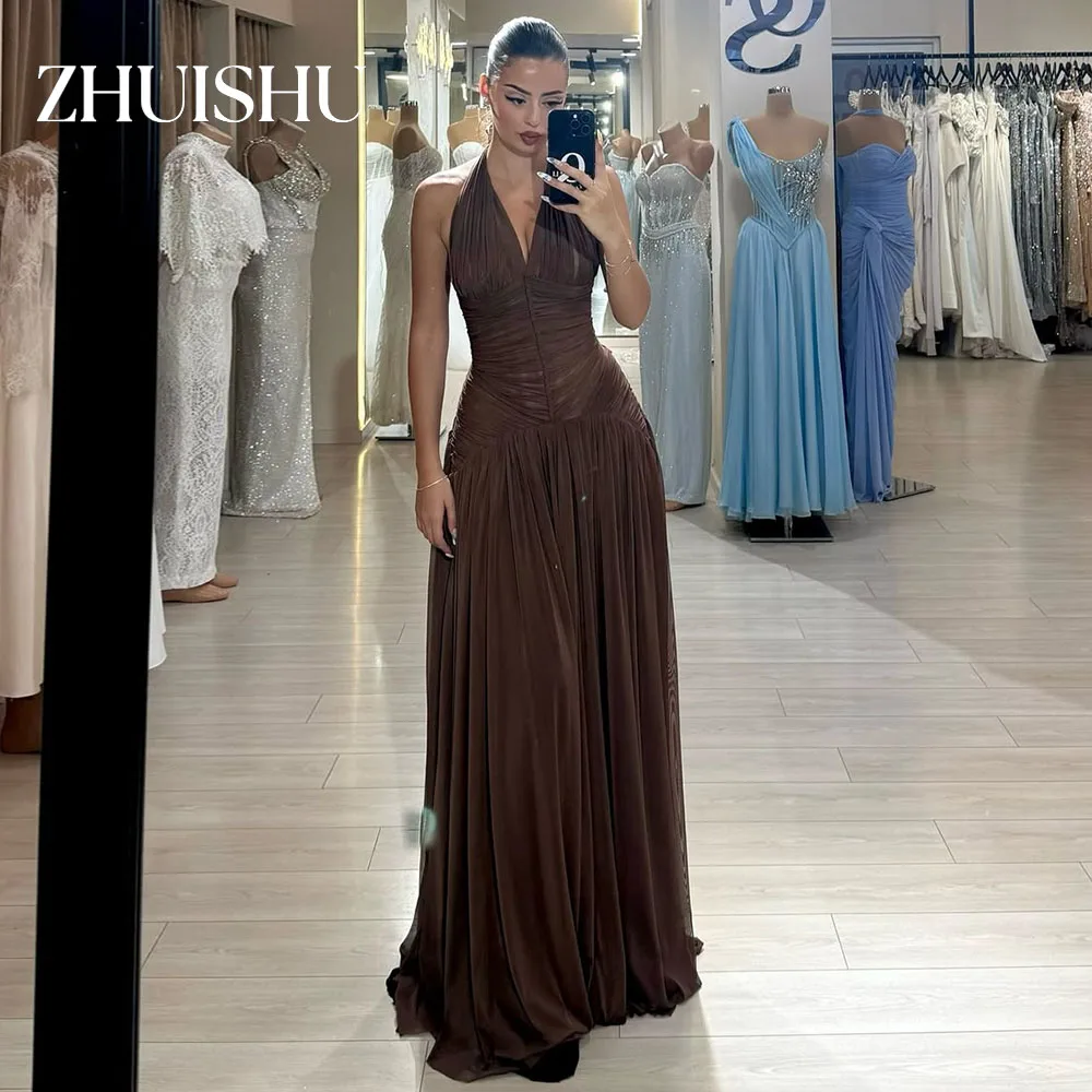 ZHUISHU Brown Halter Elegant Evening Gown Women Customized A Line Pleated Sleeveless Long Prom Party Gown Formal Event Dresses
ZHUISHU Brown Halter Elegant Evening Gown Women Customized A Line Pleated Sleeveless Long Prom Party Gown Formal Event Dresses