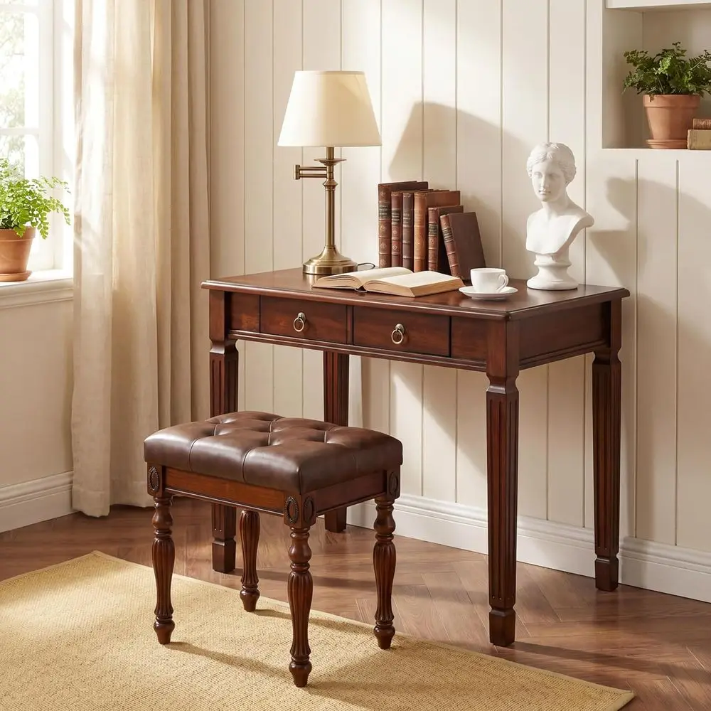 Narrow Cherry & Brown Wooden Makeup Vanity Table Set with Storage Drawers and Padded Stool
Narrow Cherry & Brown Wooden Makeup Vanity Table Set with Storage Drawers and Padded Stool