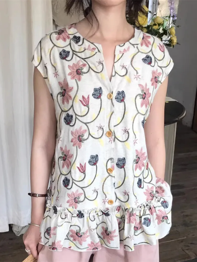 96-100cm Bust Summer Cotton And Linen Shirts Tops Women French Elegant Loose Luxury Embroidery Sleeveless Ruffles Shirts Blouses
96-100cm Bust Summer Cotton And Linen Shirts Tops Women French Elegant Loose Luxury Embroidery Sleeveless Ruffles Shirts Blouses