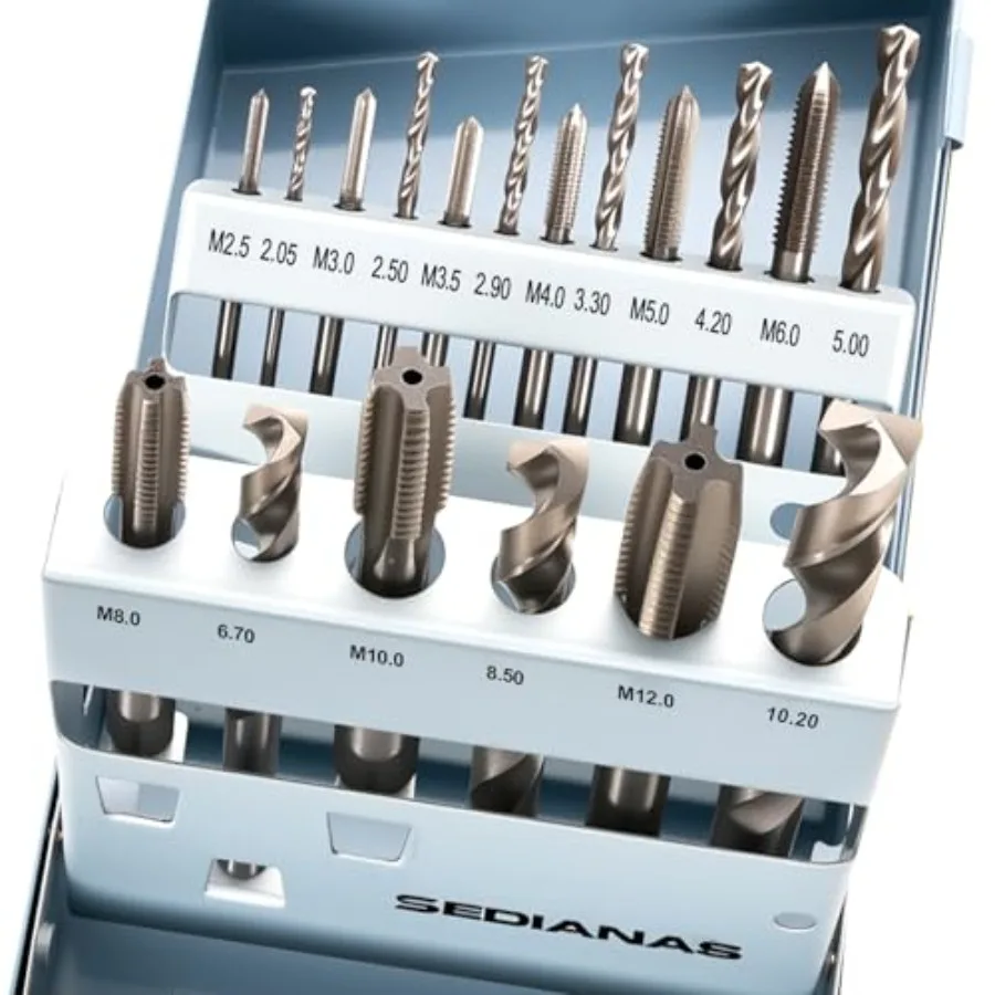 18PCS Tap and Drill Set - 4341 High Speed Steel Metric Drill and Tap SetTitanium Coated Tap Range M2.5 * 0.45—M12*1.75 Metal St
18PCS Tap and Drill Set - 4341 High Speed Steel Metric Drill and Tap SetTitanium Coated Tap Range M2.5 * 0.45—M12*1.75 Metal St