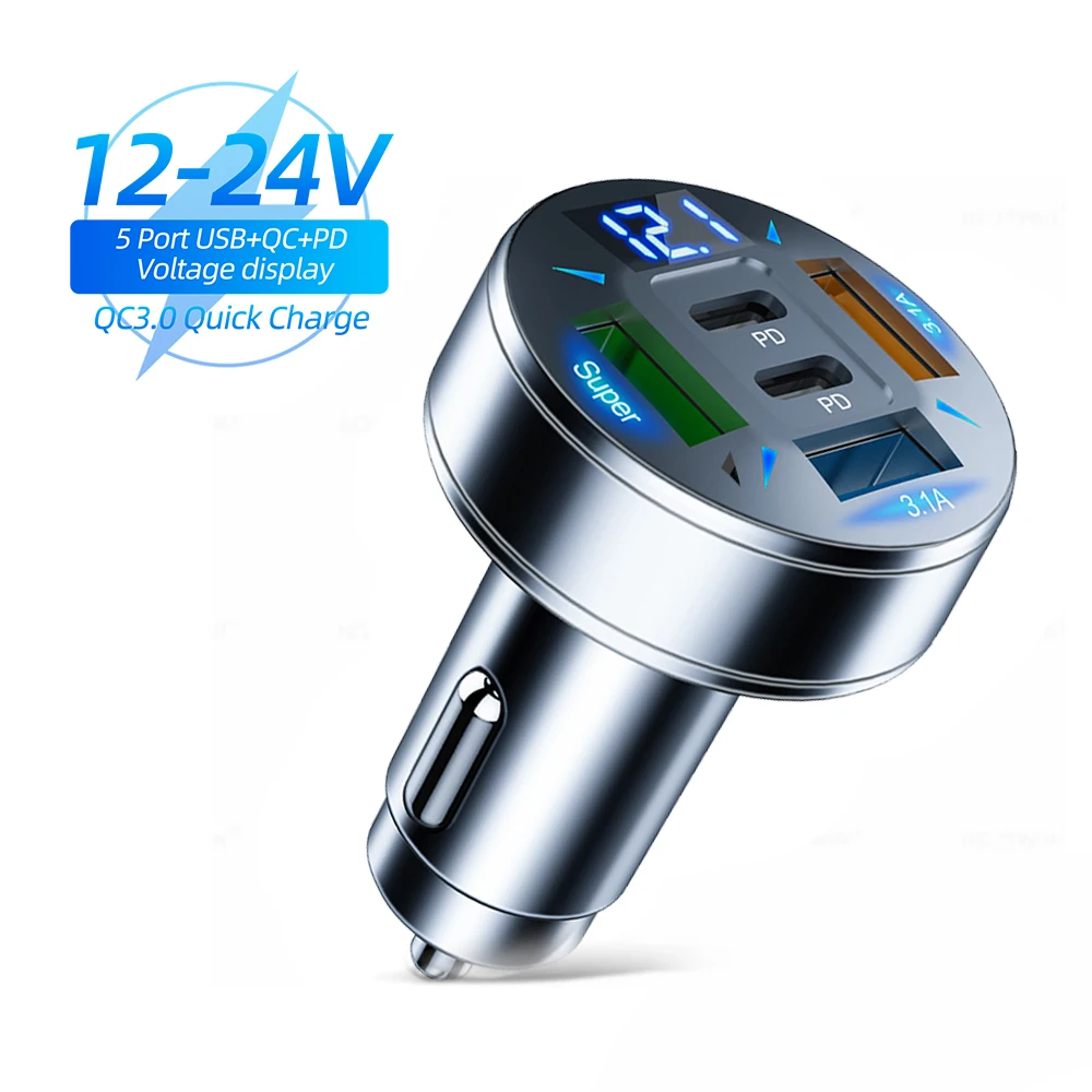 5 in 1 Car Charger Fast Charging Adapter 3USB Port+2PD Sockets with Voltage Monitor Phone Charger Type C USB for IPhone Samsung
5 in 1 Car Charger Fast Charging Adapter 3USB Port+2PD Sockets with Voltage Monitor Phone Charger Type C USB for IPhone Samsung