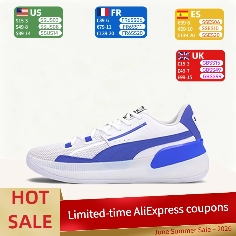 PUMA Clyde Hardwood Team Low-Top Basketball Shoes with Cushioning, Support, and a Snug Fit (Unisex) in White and Blue 194454-05
PUMA Clyde Hardwood Team Low-Top Basketball Shoes with Cushioning, Support, and a Snug Fit (Unisex) in White and Blue 194454-05
