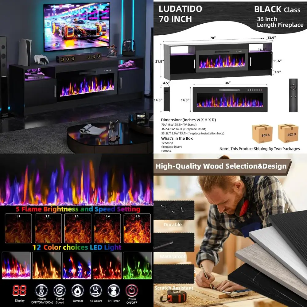 70 Modern Electric Fireplace TV Stand with LED Lights, Fits 80 TVs, Black Wood Entertainment Center
70 Modern Electric Fireplace TV Stand with LED Lights, Fits 80 TVs, Black Wood Entertainment Center