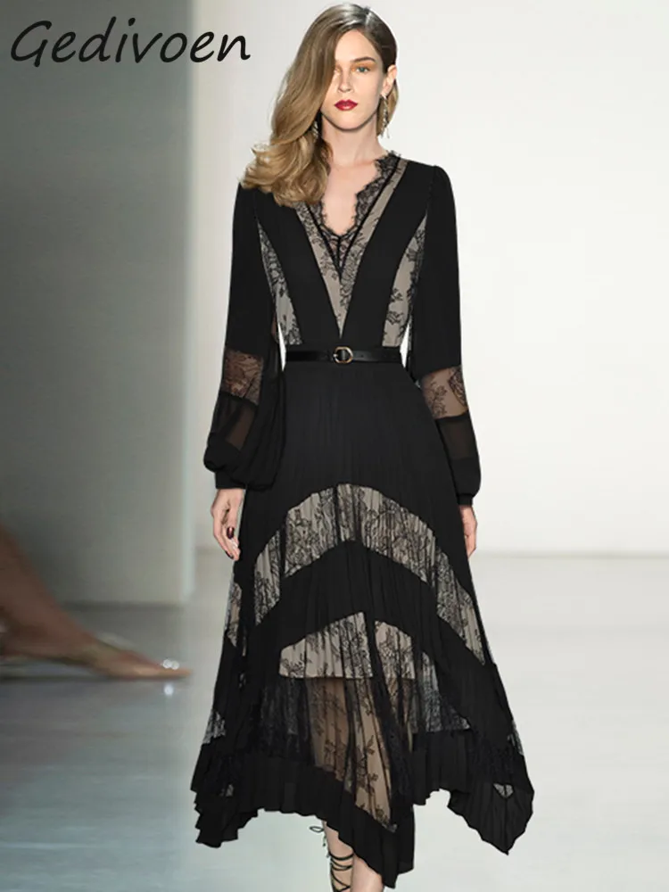 Gedivoen Autumn Fashion Designer Black Vintage Spliced Dress Women V Neck Long Sleeve Lace Sashes Gathered Waist Slim Long Dress
Gedivoen Autumn Fashion Designer Black Vintage Spliced Dress Women V Neck Long Sleeve Lace Sashes Gathered Waist Slim Long Dress