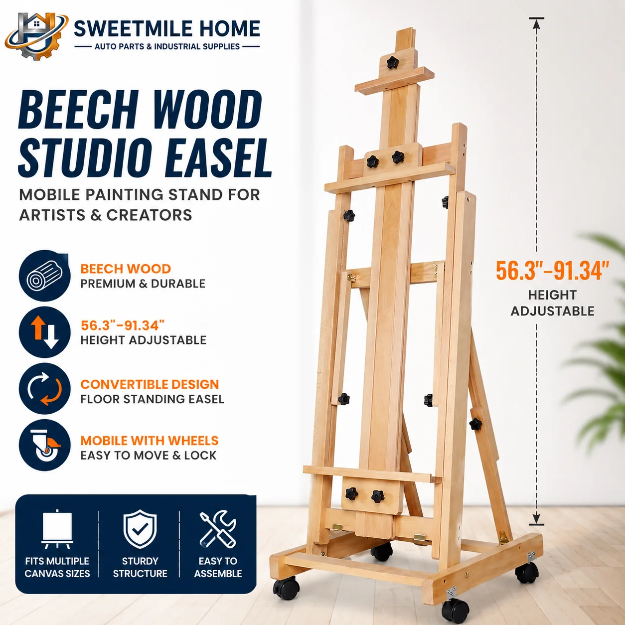 Beech Wood Studio Easel and Mobile Painting Stand, Height Adjustable 56.3-91.34in Convertible Floor Artist Easel with Wheels for Canvas Art
Beech Wood Studio Easel and Mobile Painting Stand, Height Adjustable 56.3-91.34in Convertible Floor Artist Easel with Wheels for Canvas Art