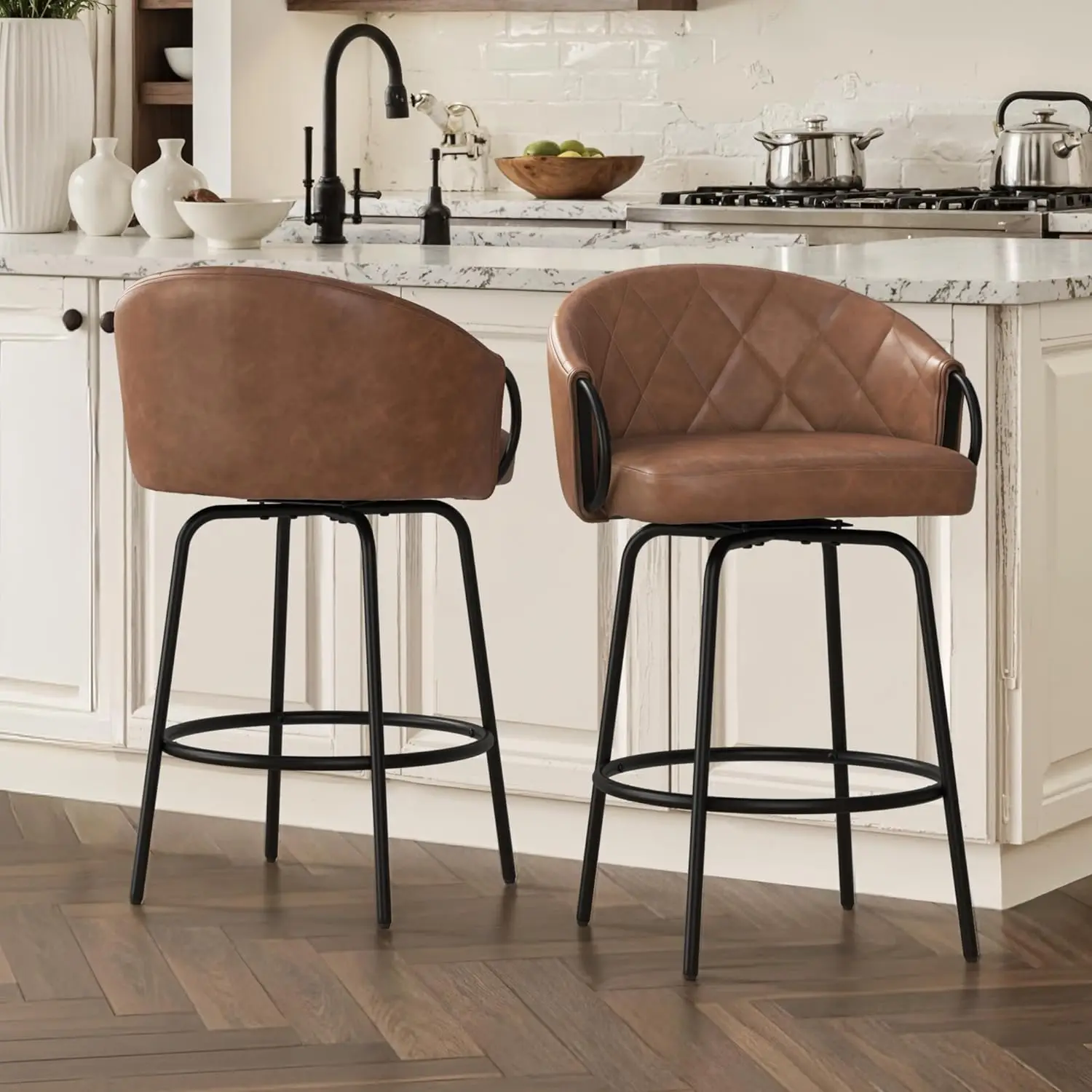 26" Leather Counter Height Bar Stools Set of 2, 360° Swivel Upholstered Barstools with Backs and Metal Legs, Modern, Customized
26" Leather Counter Height Bar Stools Set of 2, 360° Swivel Upholstered Barstools with Backs and Metal Legs, Modern, Customized