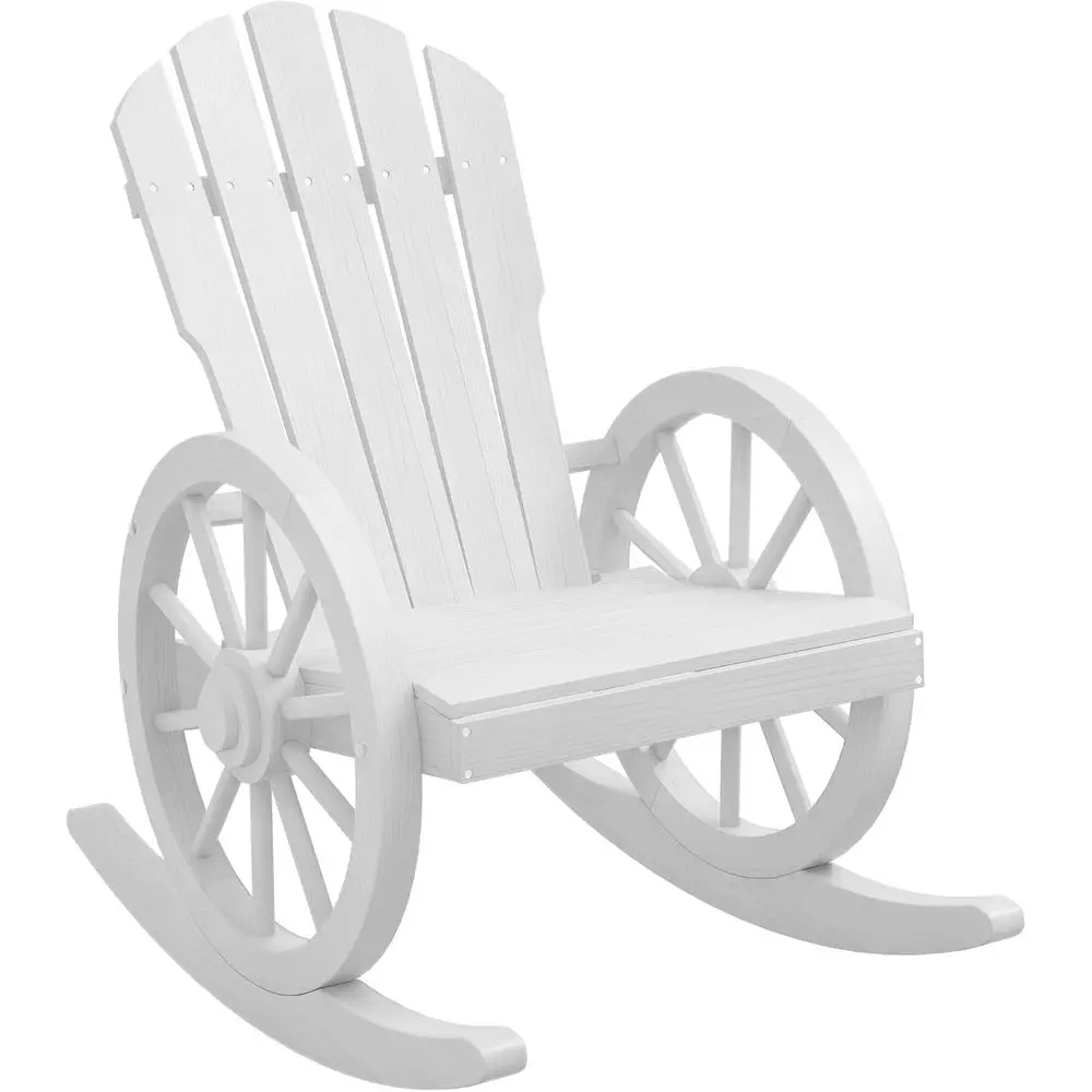 White Oversized Slatted Adirondack Rocking Chair with Wagon Wheel Armrest for Outdoor Porch and Garden
White Oversized Slatted Adirondack Rocking Chair with Wagon Wheel Armrest for Outdoor Porch and Garden