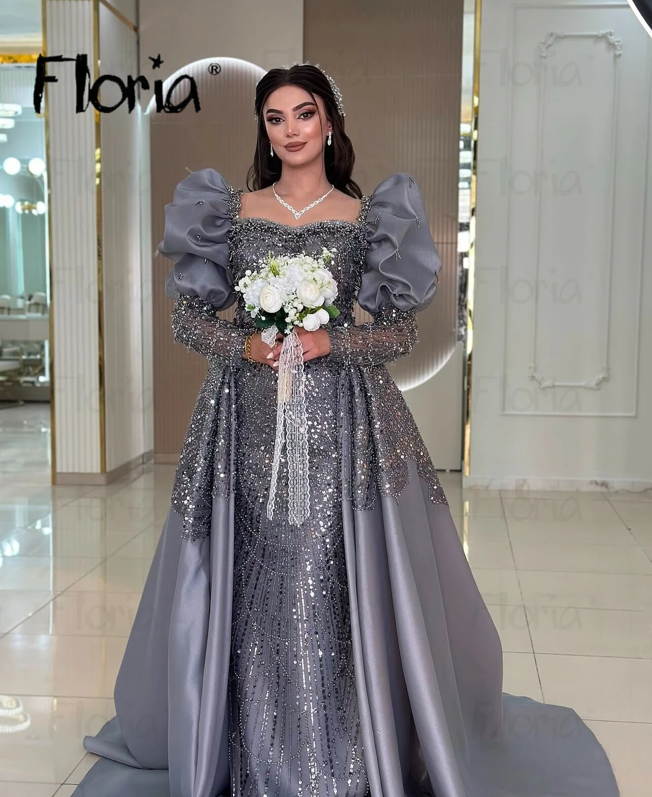 Satin Gray Prom Dress With Overskirt Puffy Sleeve Mother of Bride Long Evening Dress Beading Wedding Guest Event Gown Customize
Satin Gray Prom Dress With Overskirt Puffy Sleeve Mother of Bride Long Evening Dress Beading Wedding Guest Event Gown Customize