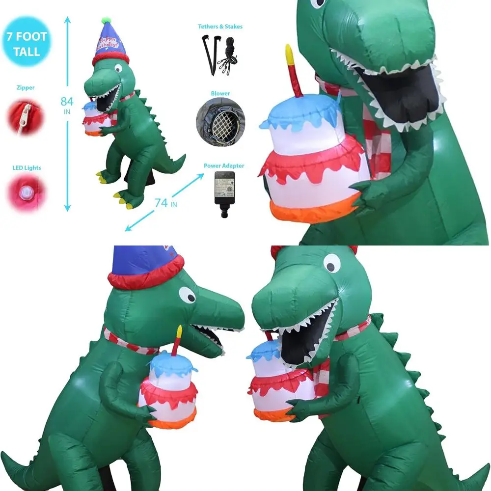 Inflatable 7 Foot Green Dinosaur Birthday Decoration with Cake, Candle, and LED Lights for Indoor/Outdoor Use
Inflatable 7 Foot Green Dinosaur Birthday Decoration with Cake, Candle, and LED Lights for Indoor/Outdoor Use