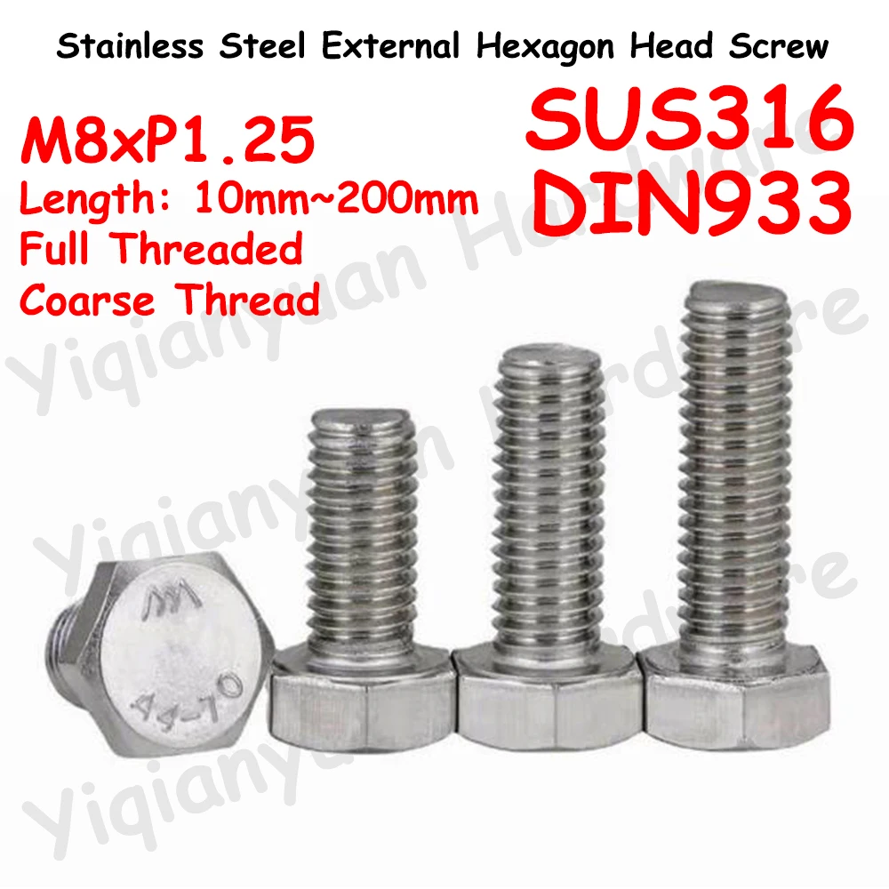 Yiqianyuan M8xP1.25 Грубая резьба DIN933 SUS316(A4) Винт с шестигранной головкой из нержавеющей стали Болты с шестигранной головкой и полной резьбой
Yiqianyuan M8xP1.25 Грубая резьба DIN933 SUS316(A4) Винт с шестигранной головкой из нержавеющей стали Болты с шестигранной головкой и полной резьбой