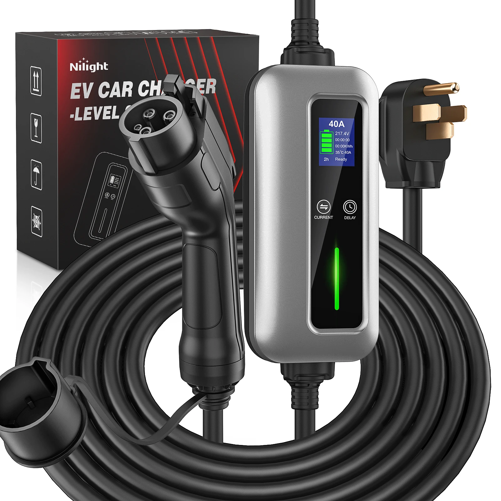Nilight EV Charger Level 2, 40 Amp 240V, 25ft Cable SAE J1772 Portable Electric Car Charger with NEMA 14-50P Plug, Adjustable Current/Delay Timer
Nilight EV Charger Level 2, 40 Amp 240V, 25ft Cable SAE J1772 Portable Electric Car Charger with NEMA 14-50P Plug, Adjustable Current/Delay Timer