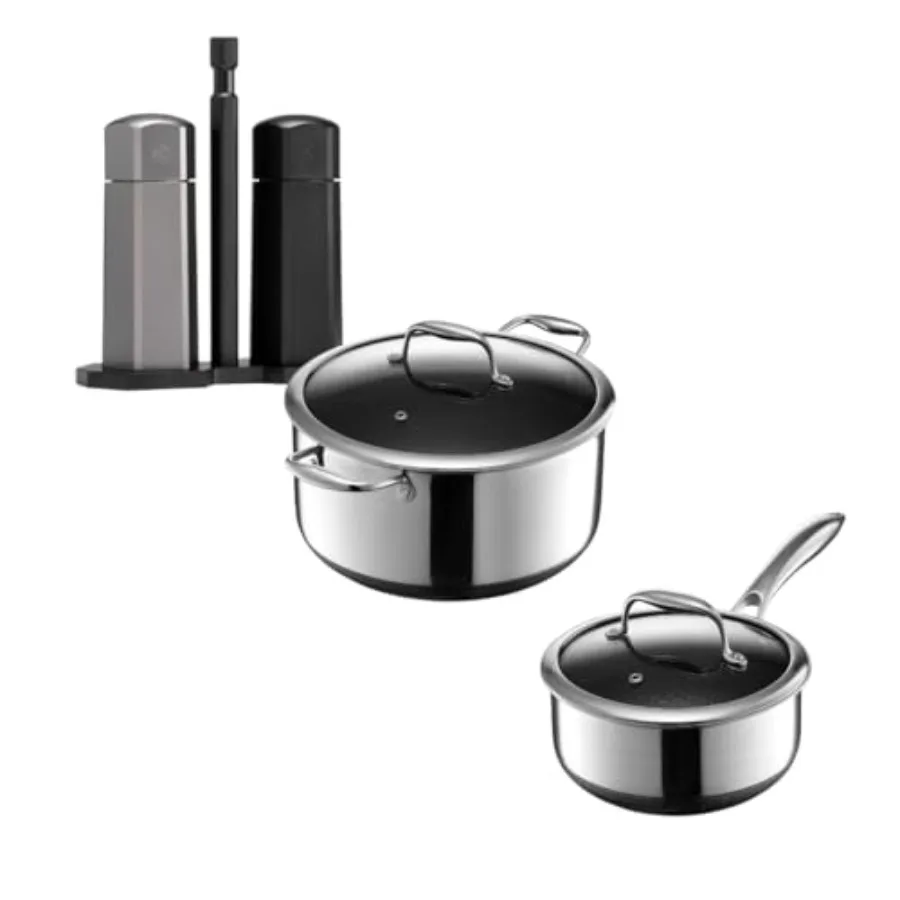 Kitchen cookware set: hybrid nonstick, black, 7-piece including 2Qt and 8Qt pots with lids, salt and pepper grinders, stay-cool
Kitchen cookware set: hybrid nonstick, black, 7-piece including 2Qt and 8Qt pots with lids, salt and pepper grinders, stay-cool