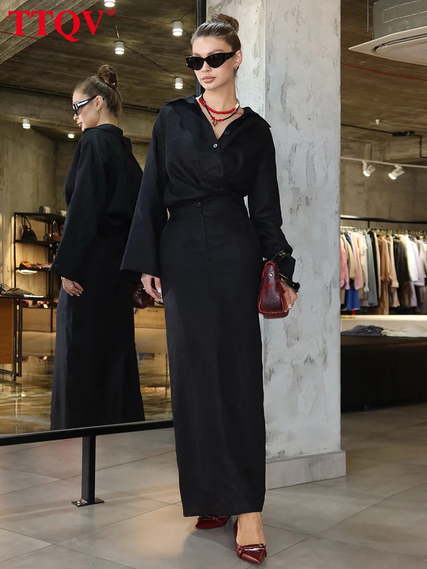 TTQV Fashion Loose Black Cotton 2 Piece Set Women 2026 Elegant Long Sleeve Shirt With High Waist Long Skirt Set Streetwear
TTQV Fashion Loose Black Cotton 2 Piece Set Women 2026 Elegant Long Sleeve Shirt With High Waist Long Skirt Set Streetwear