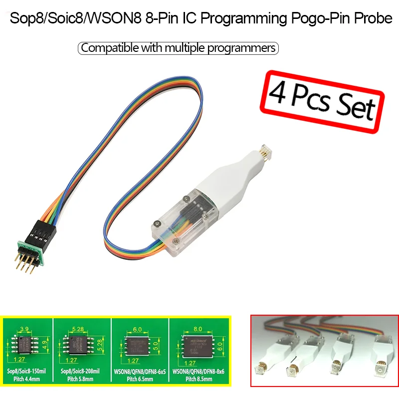 4PCS SOP8/WSON8 Spring Pogo Pin Programming Test Probes, Chip Read & Write Burn Probes, Compatible with Multiple Chip Programmer
4PCS SOP8/WSON8 Spring Pogo Pin Programming Test Probes, Chip Read & Write Burn Probes, Compatible with Multiple Chip Programmer
