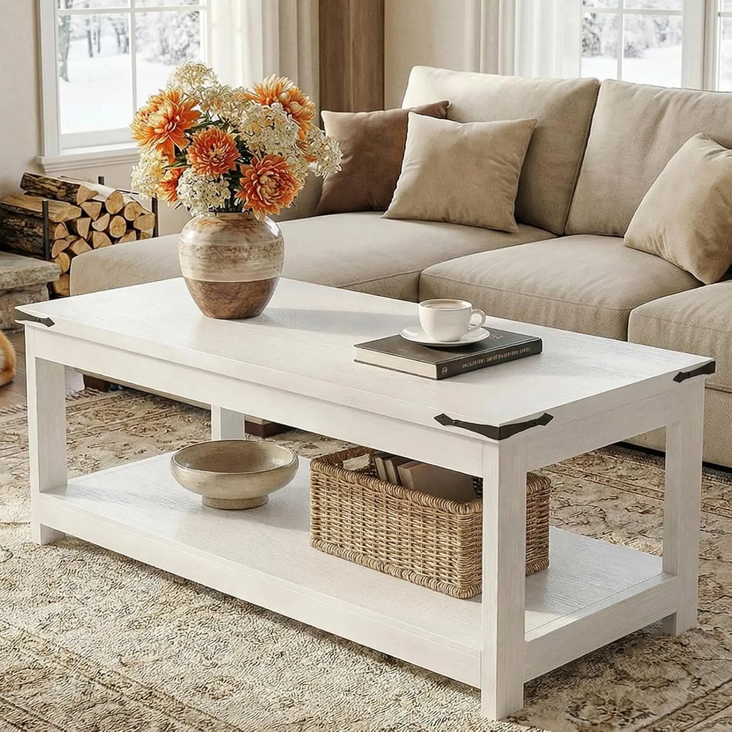 43.3” Rectangular Coffee Table with Storage Shelf, Farmhouse Wood Center Table for Living Room
43.3” Rectangular Coffee Table with Storage Shelf, Farmhouse Wood Center Table for Living Room