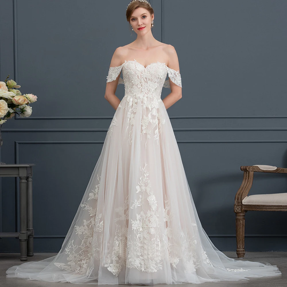 Customized Off Shoulder Sleeves Wedding Dresses A Line Sweetheart Nack Applique Lace Up Backless Sweep Train Vestido de novia 
Customized Off Shoulder Sleeves Wedding Dresses A Line Sweetheart Nack Applique Lace Up Backless Sweep Train Vestido de novia