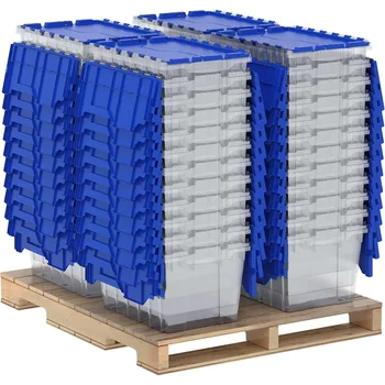 Plastic Storage Container 12 Gallon KeepBox with Hinged Attached Lid, 21-1/2 Inch x 15-Inch x 12-1/2 Inch, Clear/Blue,