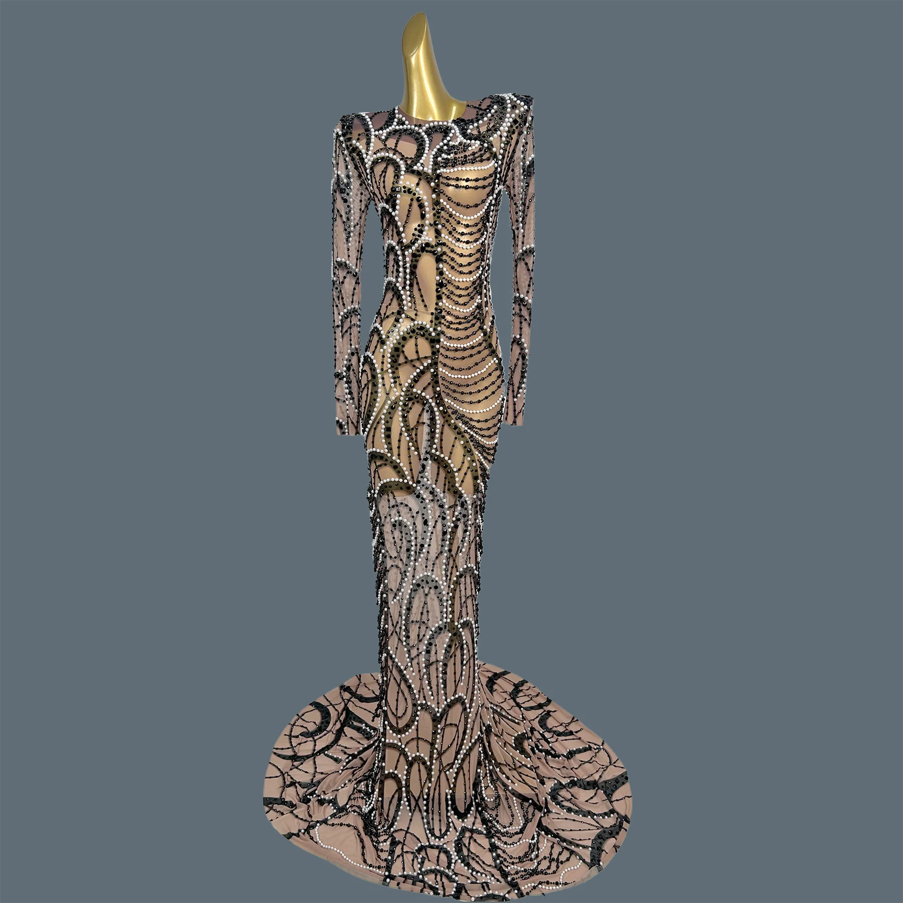 Luxury High-end Sexy Women Black Evening Gown Sparkly Pearls Rhinestone Sheer Mesh Long Sleeves Prom Floor-length Dress Yueshi
Luxury High-end Sexy Women Black Evening Gown Sparkly Pearls Rhinestone Sheer Mesh Long Sleeves Prom Floor-length Dress Yueshi