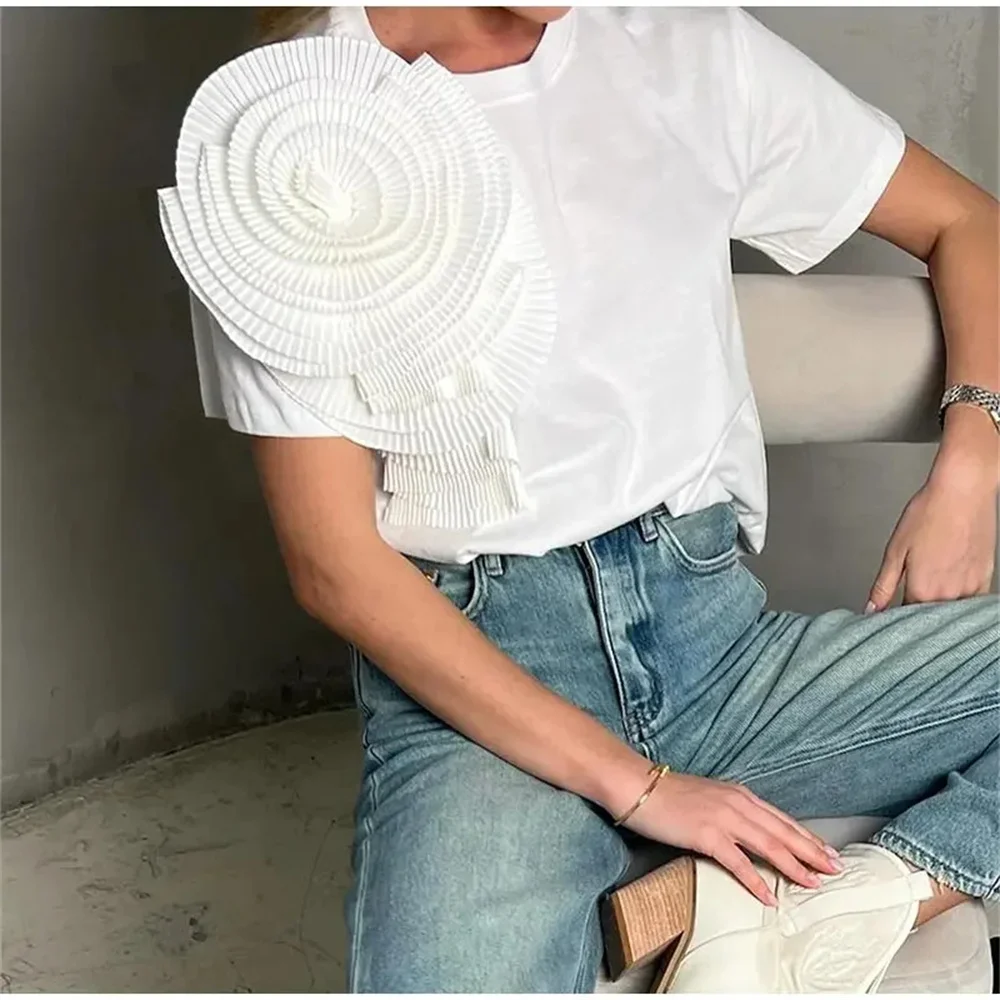 Fashion 3D Flower Decor Short Sleeve T Shirt for Women Casual Basic Solid O Neck Tops 2024 Spring Summer Blouses Streetwear
Fashion 3D Flower Decor Short Sleeve T Shirt for Women Casual Basic Solid O Neck Tops 2024 Spring Summer Blouses Streetwear