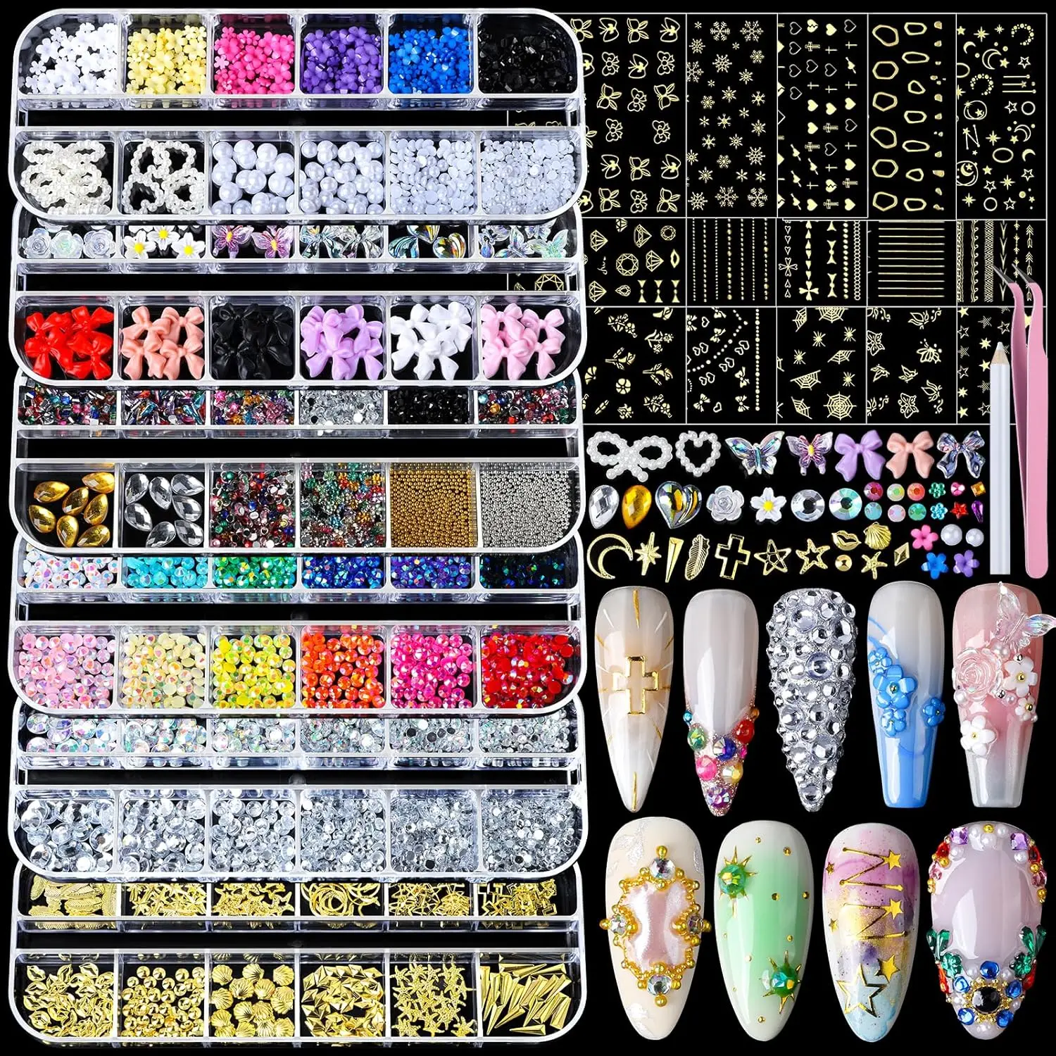 Nail Charms Nail Gems with 15 Sheets Gold Nail Stickers, 6 Boxes Rhinestones for Nails Art, 3D Decals Pearls Kit
Nail Charms Nail Gems with 15 Sheets Gold Nail Stickers, 6 Boxes Rhinestones for Nails Art, 3D Decals Pearls Kit