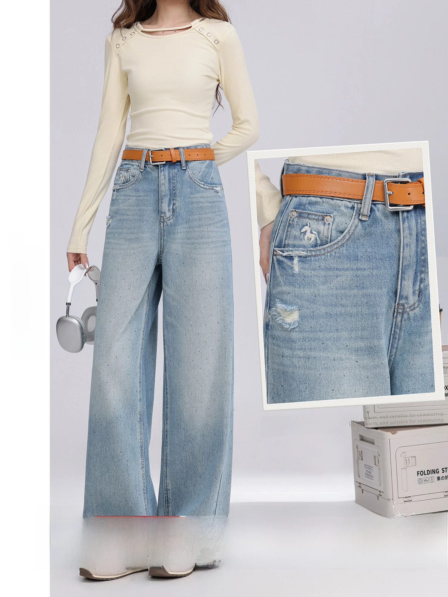 High Waist Wide Leg Denim Jeans Women's Spring New Versatile Hole Iron Diamond Pants Comfortable Fit Casual Daily Wear
High Waist Wide Leg Denim Jeans Women's Spring New Versatile Hole Iron Diamond Pants Comfortable Fit Casual Daily Wear