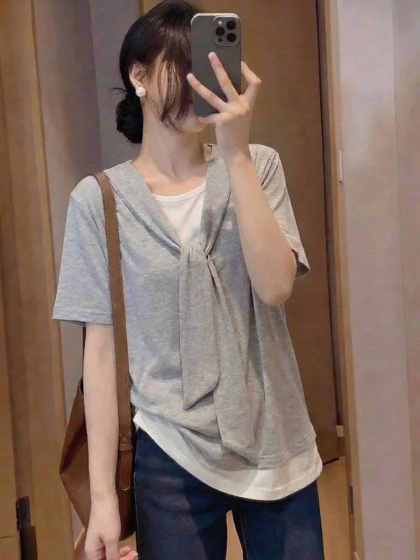 Gray Shoulder Wrap Short Sleeve T-Shirt Women's Summer New Lazy Style Top Loose Fit Korean Version Commute Style plus Size
Gray Shoulder Wrap Short Sleeve T-Shirt Women's Summer New Lazy Style Top Loose Fit Korean Version Commute Style plus Size