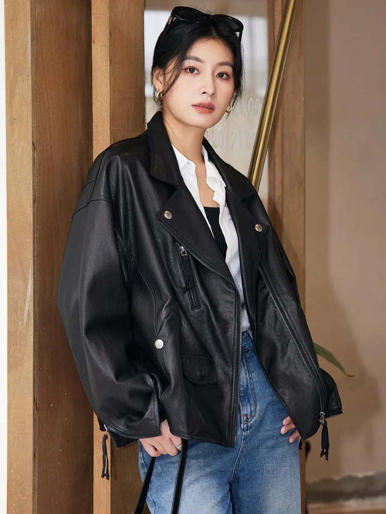 Casual Black Genuine Leather Motorcycle Jackets for Women Spring Autumn 2026 New High-end Simple Loose Soft Real Sheepskin Coat
Casual Black Genuine Leather Motorcycle Jackets for Women Spring Autumn 2026 New High-end Simple Loose Soft Real Sheepskin Coat
