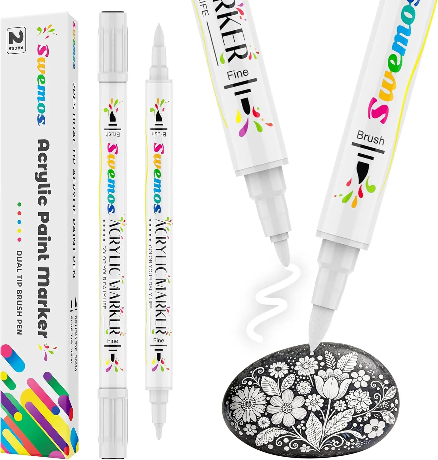 White Acrylic Paint Pens Markers, Dual Tip Fine and Brush, Waterproof for Rock, Canvas, Wood, Glass, Metal, 2 Pack
White Acrylic Paint Pens Markers, Dual Tip Fine and Brush, Waterproof for Rock, Canvas, Wood, Glass, Metal, 2 Pack