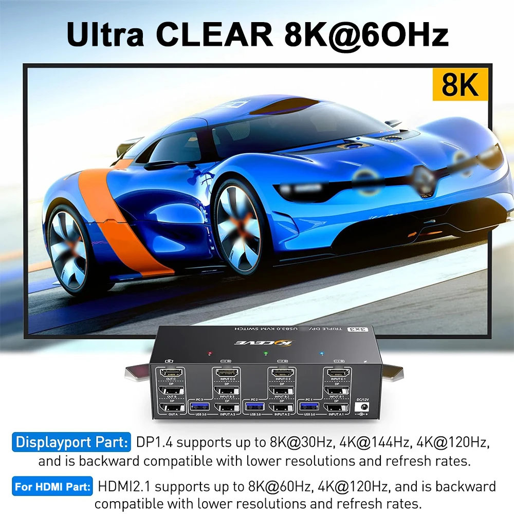 KCEVE KVM303DH Переключатель HDMI KVM 3 в 3 выхода 8K при 60 Гц 4K при 144 Гц Тройной монитор USB 3.0 HDMI + DP Переключатель для клавиатуры Мыши Принтер
KCEVE KVM303DH Переключатель HDMI KVM 3 в 3 выхода 8K при 60 Гц 4K при 144 Гц Тройной монитор USB 3.0 HDMI + DP Переключатель для клавиатуры Мыши Принтер