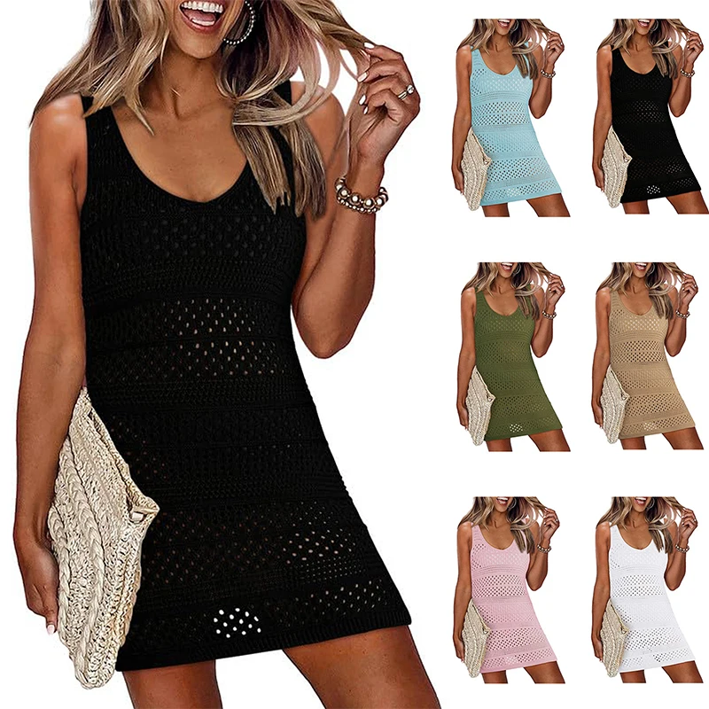 Knitting Hollow Out Texture Swimsuit Cover-Up Sleeveless Sexy See-Through Short Dress Women Summer Sunbathing Beachwear
Knitting Hollow Out Texture Swimsuit Cover-Up Sleeveless Sexy See-Through Short Dress Women Summer Sunbathing Beachwear