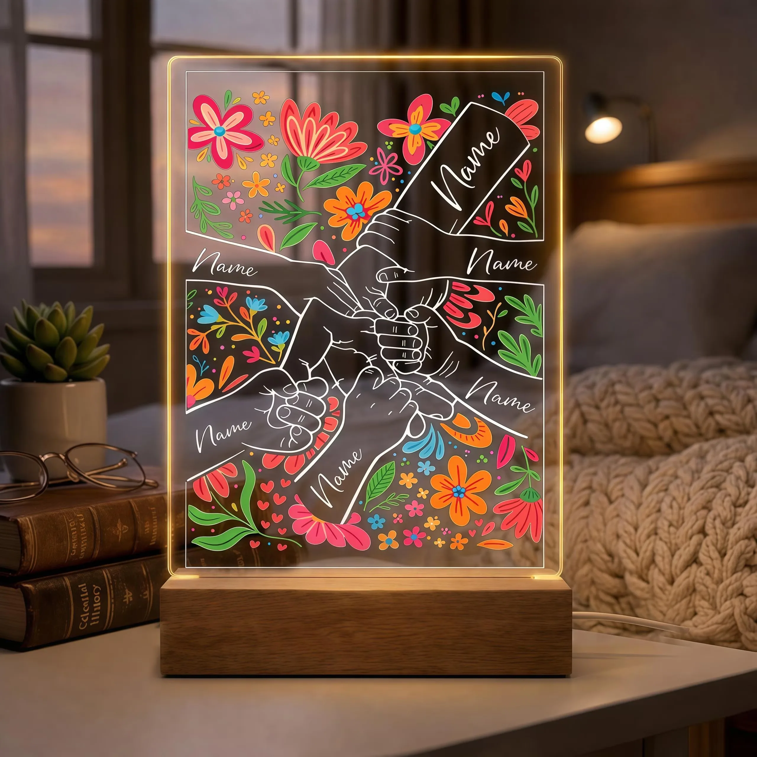 Personalized Acrylic Night Light Custom Engraved Name Creative Floral Holding Hands Pattern Meaningful Gift For Family Members
Personalized Acrylic Night Light Custom Engraved Name Creative Floral Holding Hands Pattern Meaningful Gift For Family Members