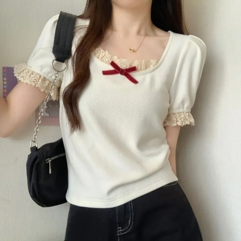 Sweet Lace Spliced Fashion Bow Slim T-shirts Summer Solid Color Female Clothing Basic Round Neck Casual Short Sleeve Pullovers
Sweet Lace Spliced Fashion Bow Slim T-shirts Summer Solid Color Female Clothing Basic Round Neck Casual Short Sleeve Pullovers