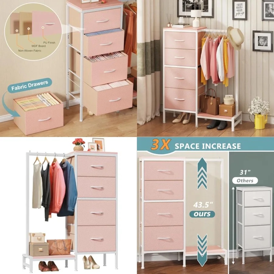 Dresser with Hanging Rack, 4 Drawers Small Closet for Bedroom, Reversible Fabric Kids Chest of Drawers with Clothes Rack, Tall Storage Tower, Sturdy Frame, Pink, 44''H
Dresser with Hanging Rack, 4 Drawers Small Closet for Bedroom, Reversible Fabric Kids Chest of Drawers with Clothes Rack, Tall Storage Tower, Sturdy Frame, Pink, 44''H