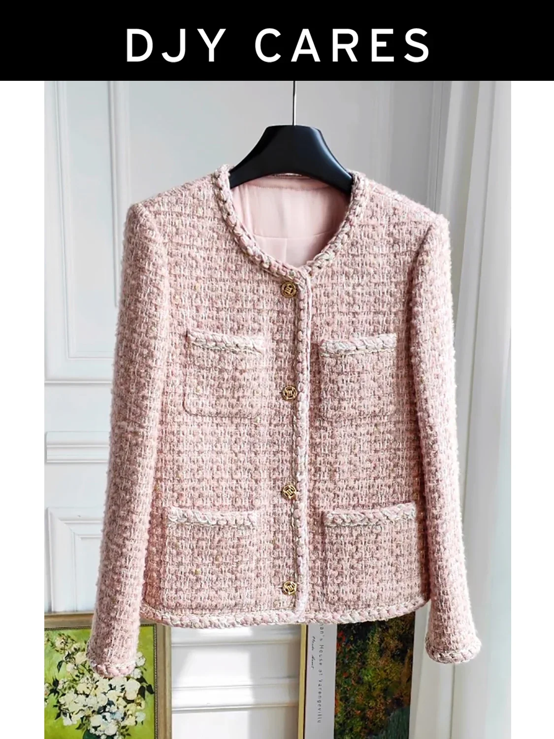 New Coarse tweed haute couture jacket, classic pocket pink top
New Coarse tweed haute couture jacket, classic pocket pink top