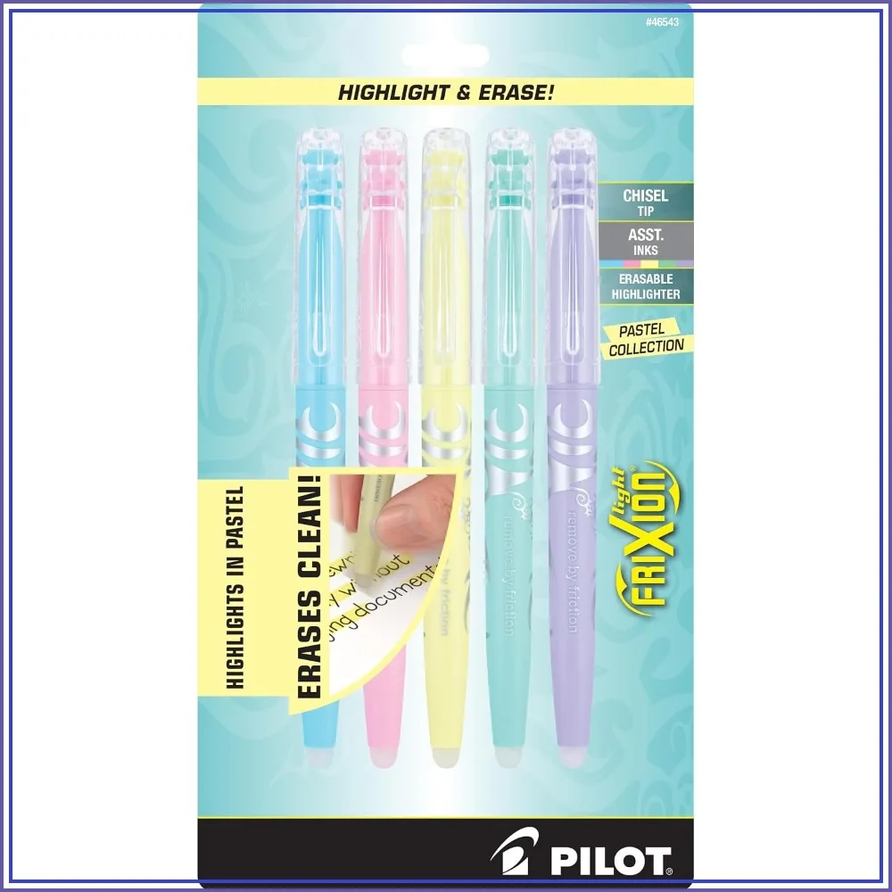 Erasable Pastel Highlighters, Chisel Tip, 5 Assorted Colors, Quick-Drying, No Bleed
Erasable Pastel Highlighters, Chisel Tip, 5 Assorted Colors, Quick-Drying, No Bleed