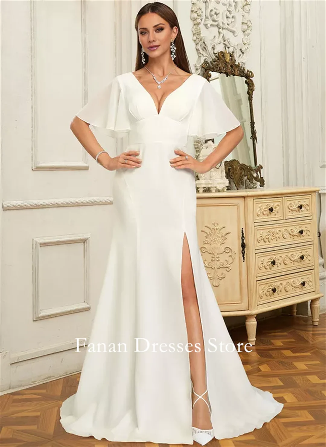 FANAN Trumpet Mermaid V-Neck Sweep Train Chiffon Side Slit Backless Wedding Dresses 웨딩드레스 Ivory Customized Bride Gowns
FANAN Trumpet Mermaid V-Neck Sweep Train Chiffon Side Slit Backless Wedding Dresses 웨딩드레스 Ivory Customized Bride Gowns
