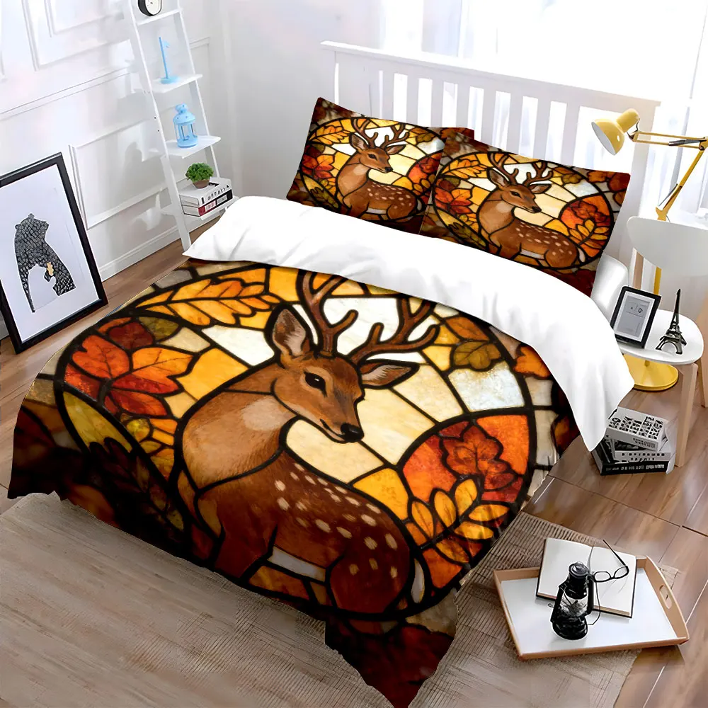 3Pcs Stained Glass Deer Bedding Set, Autumn Leaves Fawn Print Duvet Cover + 2 Pillowcases, Boho Fall style Home Decor
3Pcs Stained Glass Deer Bedding Set, Autumn Leaves Fawn Print Duvet Cover + 2 Pillowcases, Boho Fall style Home Decor