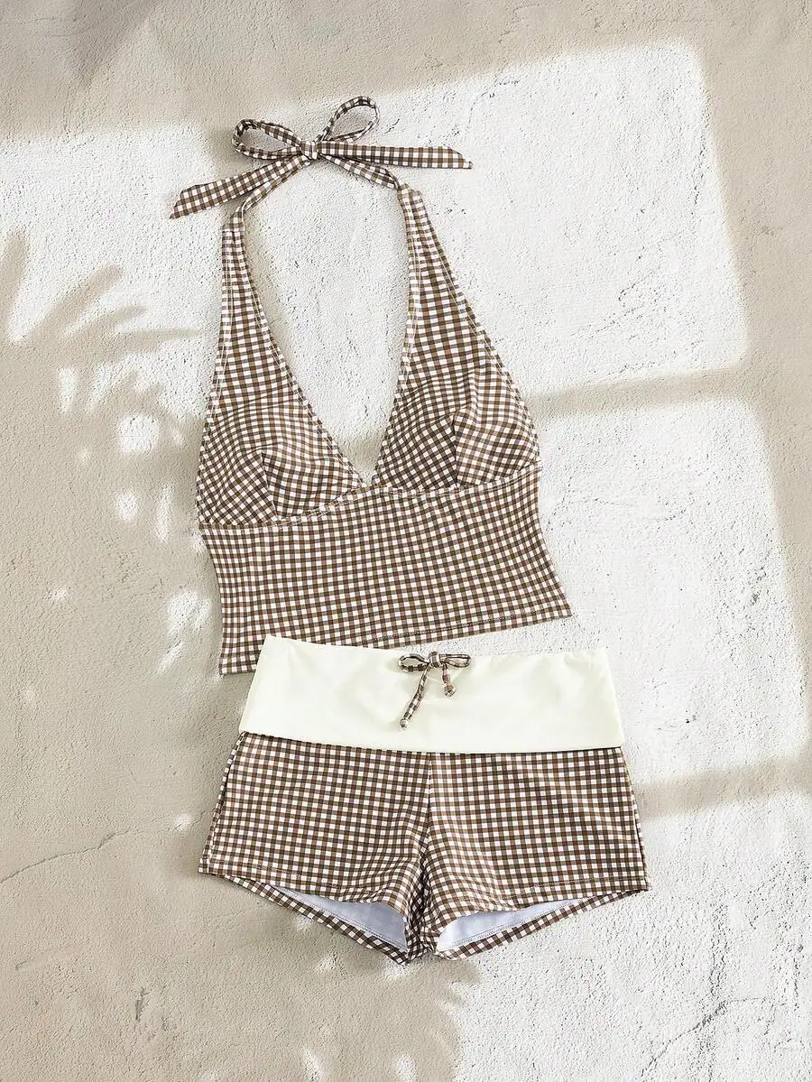 Brown And White Gingham Halter Top With High-Waisted Shorts Bikini Set For Summer Beach Pool Vacations Retro Chic Style
Brown And White Gingham Halter Top With High-Waisted Shorts Bikini Set For Summer Beach Pool Vacations Retro Chic Style