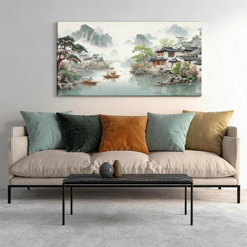 Large-sized solid wood frame canvas painting 1pc Chinese landscape, river, pavilions.
Large-sized solid wood frame canvas painting 1pc Chinese landscape, river, pavilions.