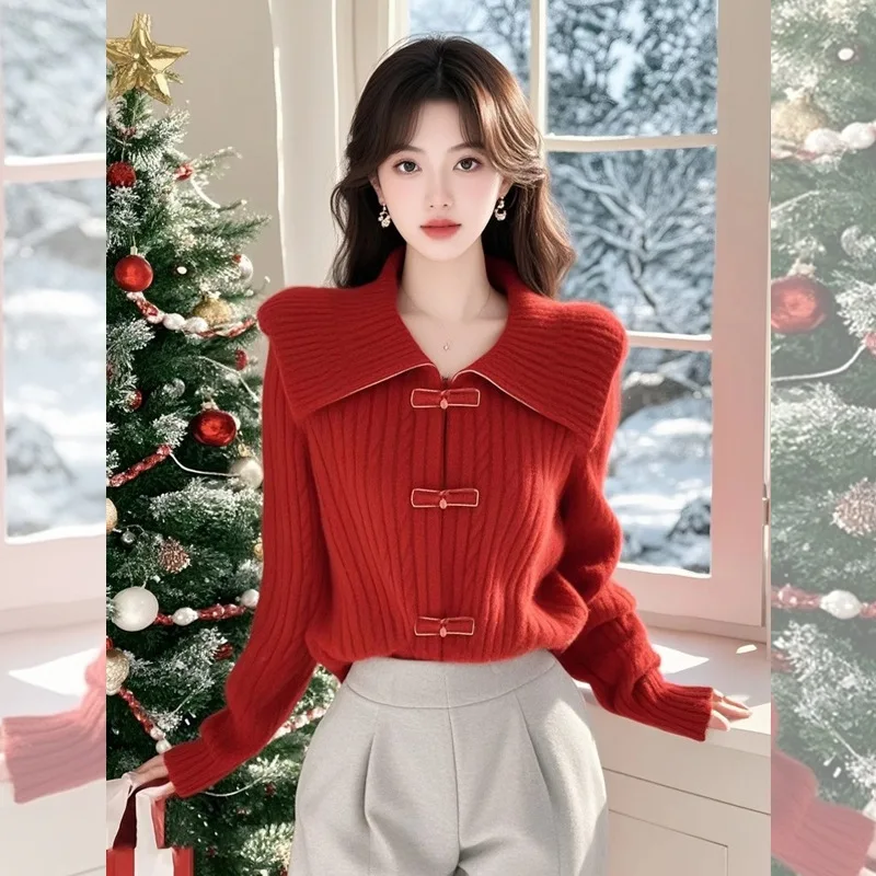 Winter 2025 Women Red Knit Cardigan Sweater Chinese Frog Button Long Sleeve top Chic Casual Outwear Thermal Warm Sweater Jacket
Winter 2025 Women Red Knit Cardigan Sweater Chinese Frog Button Long Sleeve top Chic Casual Outwear Thermal Warm Sweater Jacket