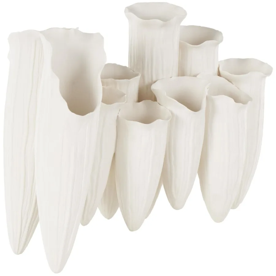 11" Abstract Floral Inspired White Ceramic Vase with Linear Grooves and 10 Openings
11" Abstract Floral Inspired White Ceramic Vase with Linear Grooves and 10 Openings